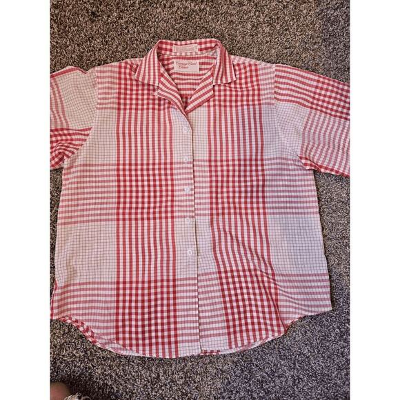 womens Vtg blouse collar red white plaid short sleeve button up western country - Picture 9 of 11